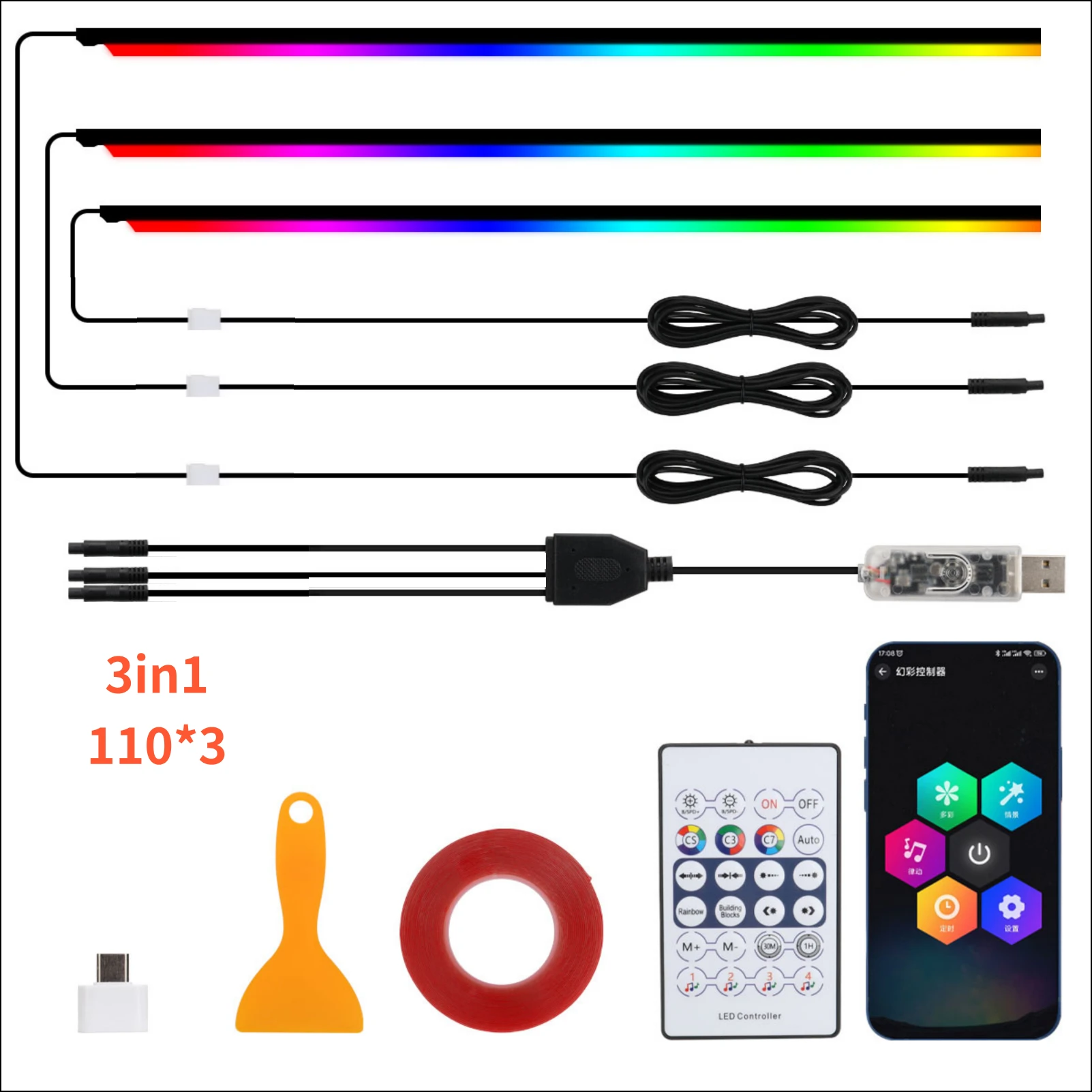 NONE 110 cm 43,31 "Auto Schiebedach Umgebungslichter LED Dachfenster Symphony RGB Innen Acryl Streifen Dekoration USB APP Fernbedienung 3