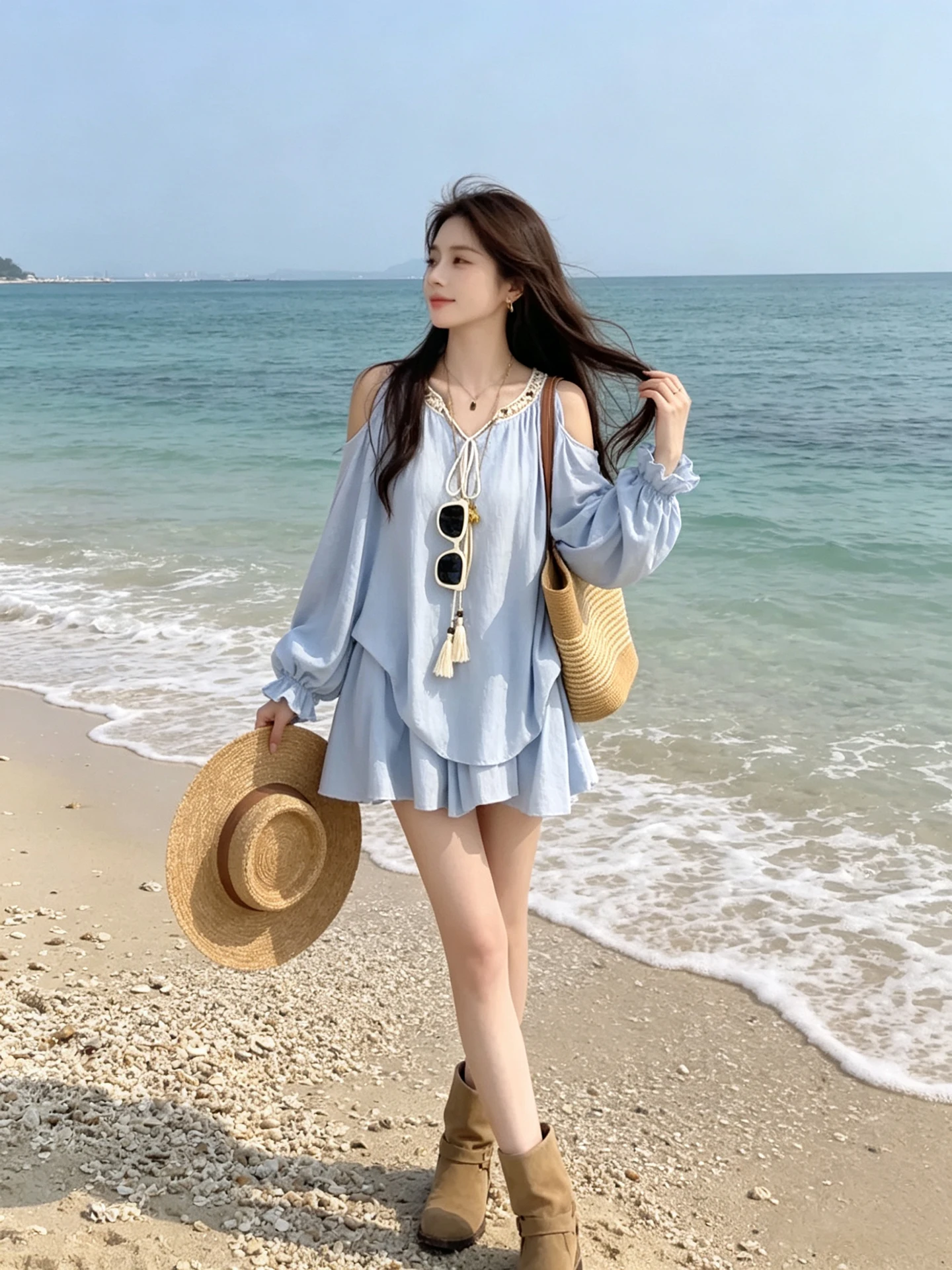 

Unique Beautiful Summer Fashion Women's Loose Lazy Shoulder Long Sleeve Shirt Skirt Set High Waist Pure Color 2026 Spring Summer