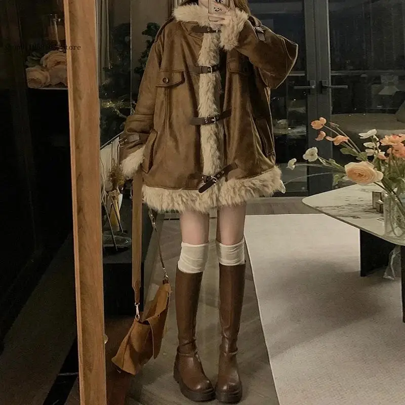 Women Winter Warm Thicken Loose Motorcycle Cotton Jacket Women Velet Fur Coat Retro Fur Leather Lambskin Suede Jacket