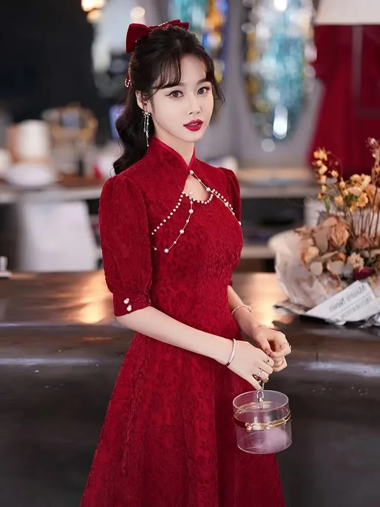 Middle Sleeve Bride Cheongsam Chinese Traditional Dress Woman Vestidso Toast Clothing Ladies Elegant  Evening Qipao Dress