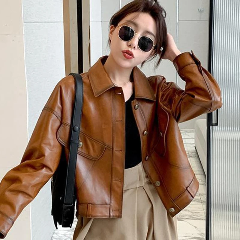 Autumn Winter Thicken Warm Vintage Leather Coat 2023 Women\'s Sheepskin Genuine Leather Coat Turn-down Collar Button Pocket Coat