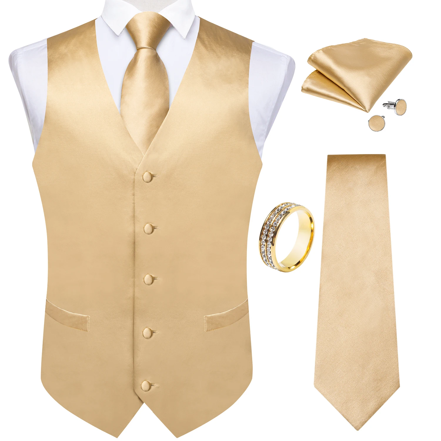 Champagne Solid Satin V-Neck Vest 5Pcs Set Tie Pocket Square Cufflinks Gold Rhinestone Ring For Outdoor Wedding Groom