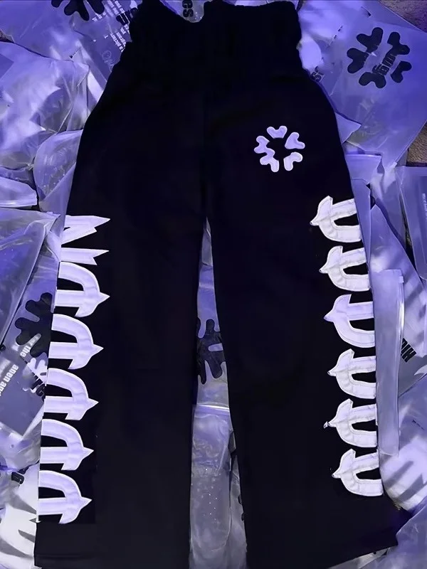 

Мужские повседневные брюки Distred с аппликацией и вышивкой, двойным поясом, расклешенные, свободного кроя, прямые штанины, на резинке, длинные