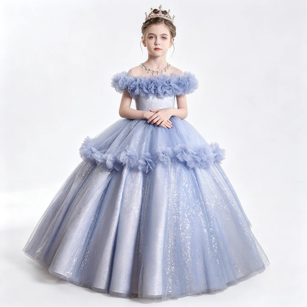 Light Blue Sparkling Glitter Tulle Evening Pageant Party Dress For Girls Off Shoulder Ruffle Birthday Performance Ball Gown Kids