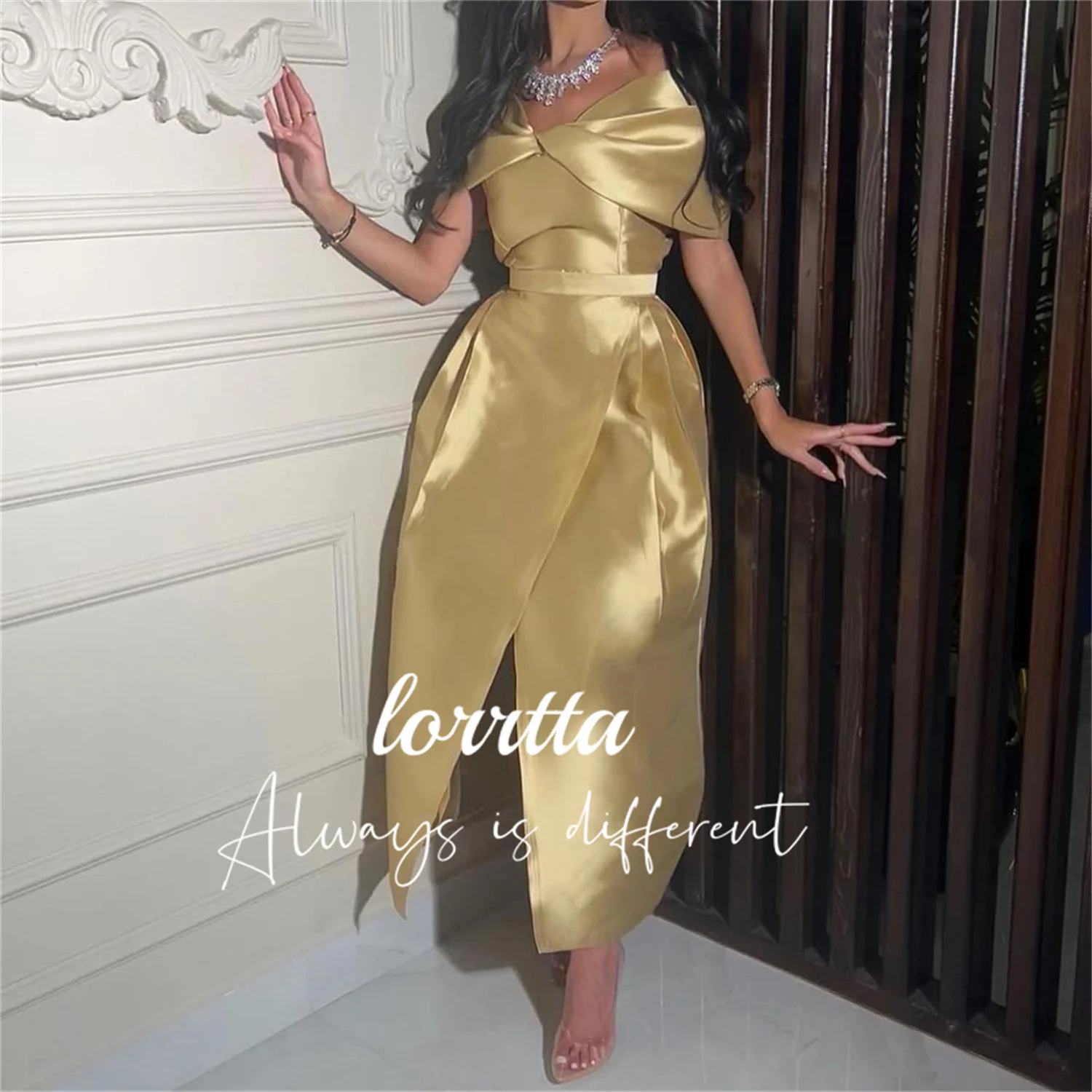 

Lorrtta Satin Bow Strapless Off-The-Shoulder Ankle-Slit Prom Dress Pleats فساتين الحفلات السهرة Vestidos Para Eventos Especiales