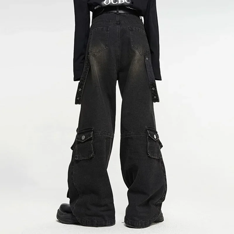 UMI MAO Wide Leg Denim Men\'s 2024 Summer American High Street Multi Pocket Jeans Loose Hip Hop Straight Handsome Pants