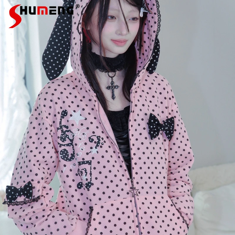 

Japanese Style Original Black Pink Polka Dot Musical Note Print Thin Fleece Sweatshirt Coat Bunny Ears Small Wings Autumn Jacket
