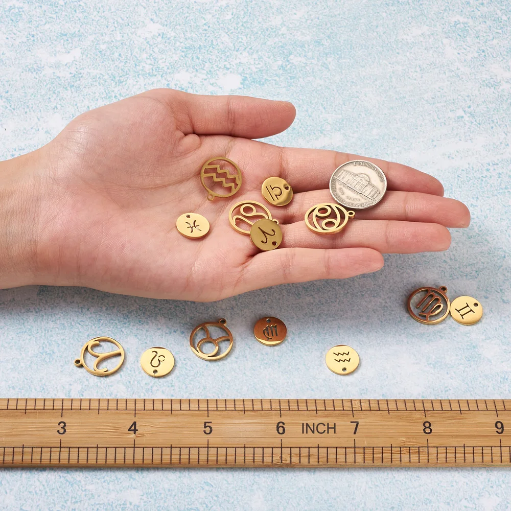 24Pcs Gold Color Flat Round Twelve Constellations Sign Charms Horoscope Astro Pendant DIY Jewelry Making Accessories