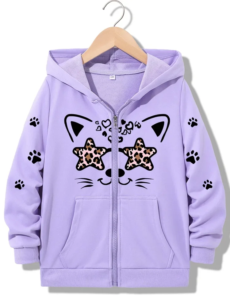 Girls Zip Up Hooded Jacket Leopard Star Eyed Cat Paw Heart Print Long Sleeve Casual Kids Hoodie For Daily Outdoor Street Outfit