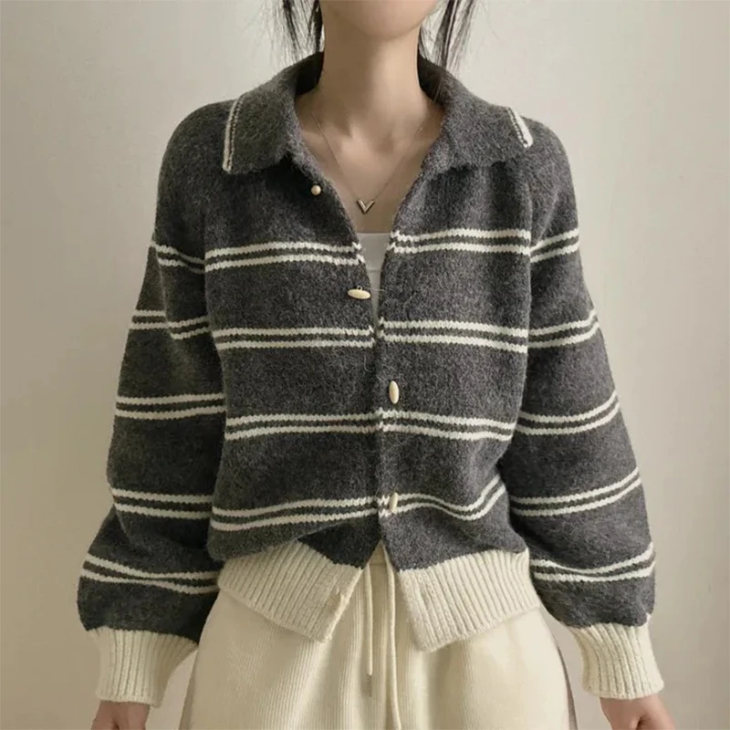 Color Blocking Striped Sweater Autumn/Winter Cardigan 2025 Loose Button Knit Sweater Llapel Top