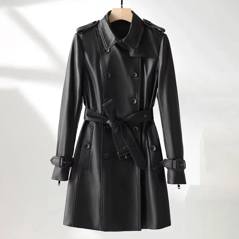 Giacca da donna in pelle naturale Autunno Inverno Trench lungo in pelle di pecora sottile stile classico britannico doppio petto kaki/nero