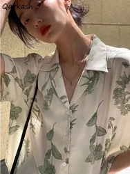 Light Green Shirts Women Short Sleeve Floral Sweet Korean Fashion Elegant Ladies Girlish Age-reducing Chiffon Soft Summer Chic