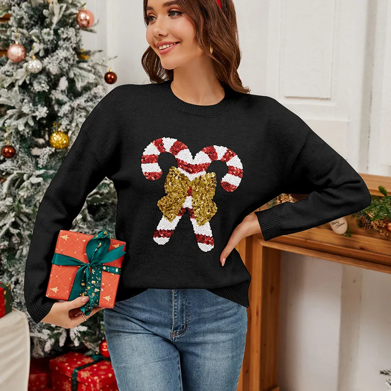 2024 New Santa Cane Bow Christmas Women's Sweater Autumn Winter Fashion Round Neck Long Sleeve Knitted  casual topsSweater