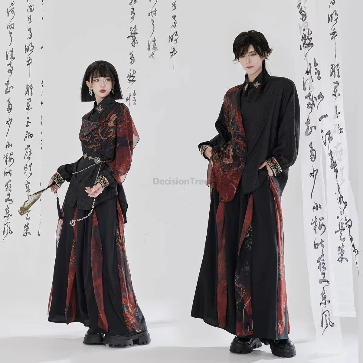 

2025 new chinese style improved unisex wuxia style hanfu set fashionable embroideried shirt and fairy patchwork wide leg pants