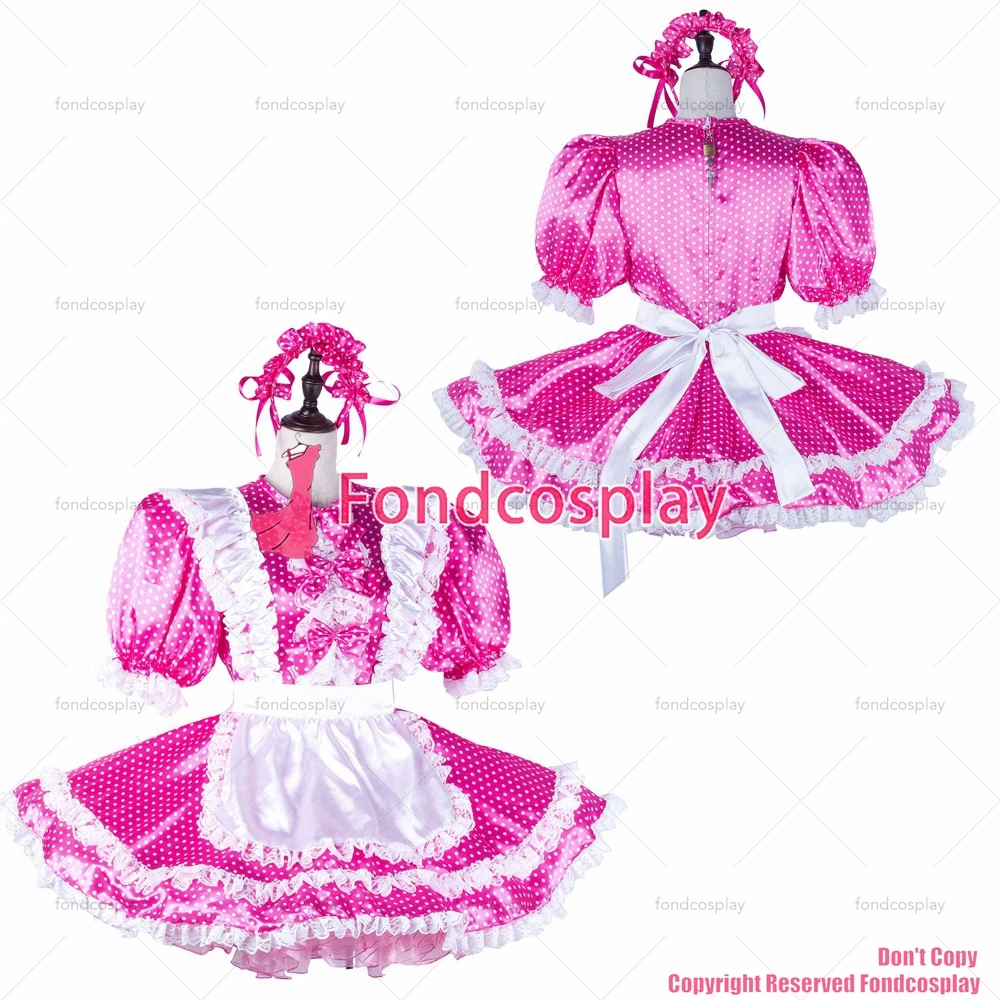 

fondcosplay adult sexy cross dressing sissy maid hot pink Dots satin dress lockable Uniform white apron CD/TV[G2227]