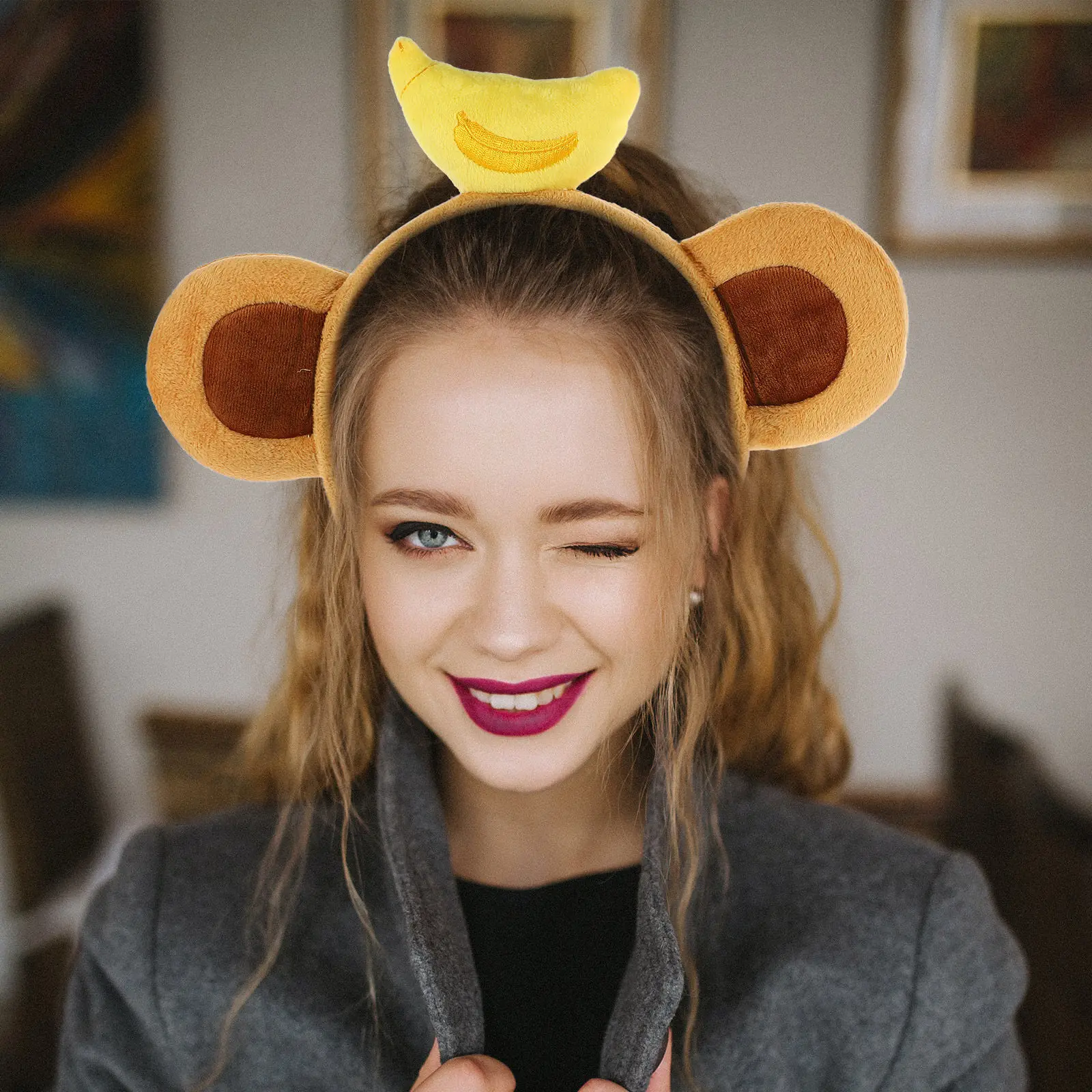 Cute Monkey Ear Headband Featuring Banana on Top Lightweight Fabric Animal Ears Headband for Halloween Masquerade Cosplay Party