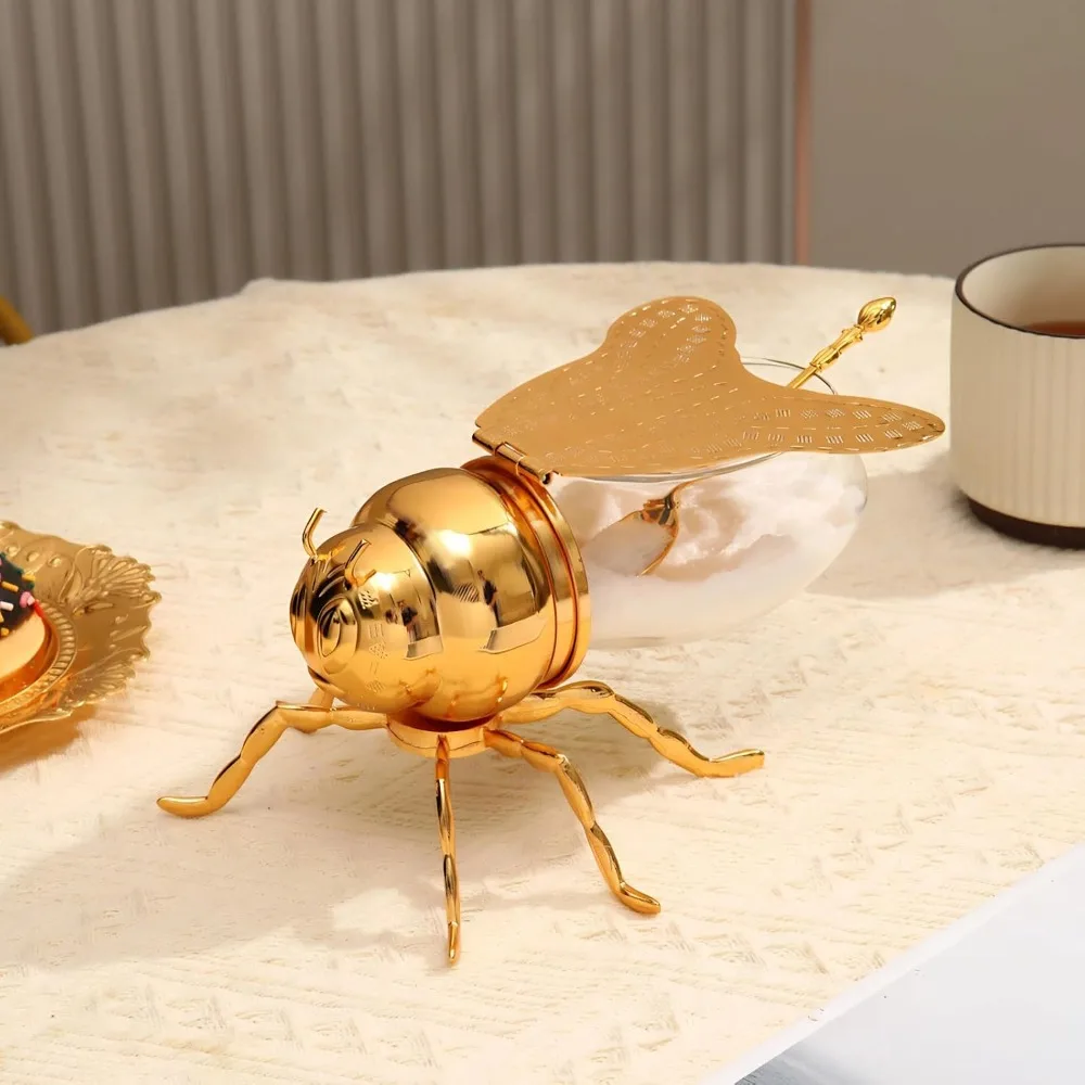 Unique Plastic+Glass Honey Dispenser Pot Gold With Spoon Included Bee Shaped Jar Honey Pot With Spoon For Tea Time