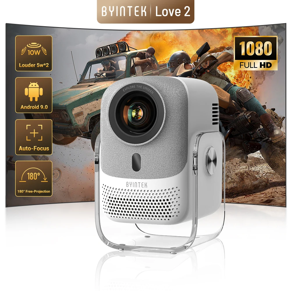 BYINTEK LOVE 2 1080P Full HD Smart Projector Auto Focus 180° Rotatable Android 9.0 5G WiFi Bluetooth Hone Theater Projectors