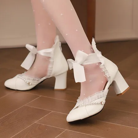 2024 primavera donna tacchi alti Mary Jane Pumps Party Wedding bianco rosa Beige String Bead Bow Princess Cosplay Lolita Shoes 31-43