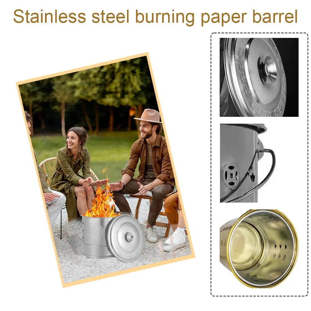 

For Debris Wood Trash Leaves Burn Barrel Stainless Steel Paper Burn Bucket Carry Handle Attached Traditional Auspicious Barrel