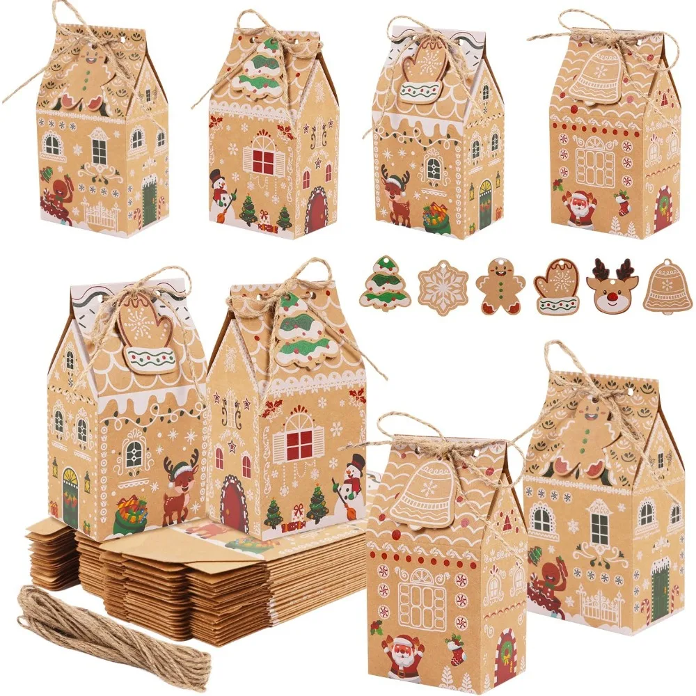 

24 Pcs Small Christmas Treat Boxes,Mini Kraft Gingerbread House Boxes Christmas Candy Goodie Bags with Gift Tags