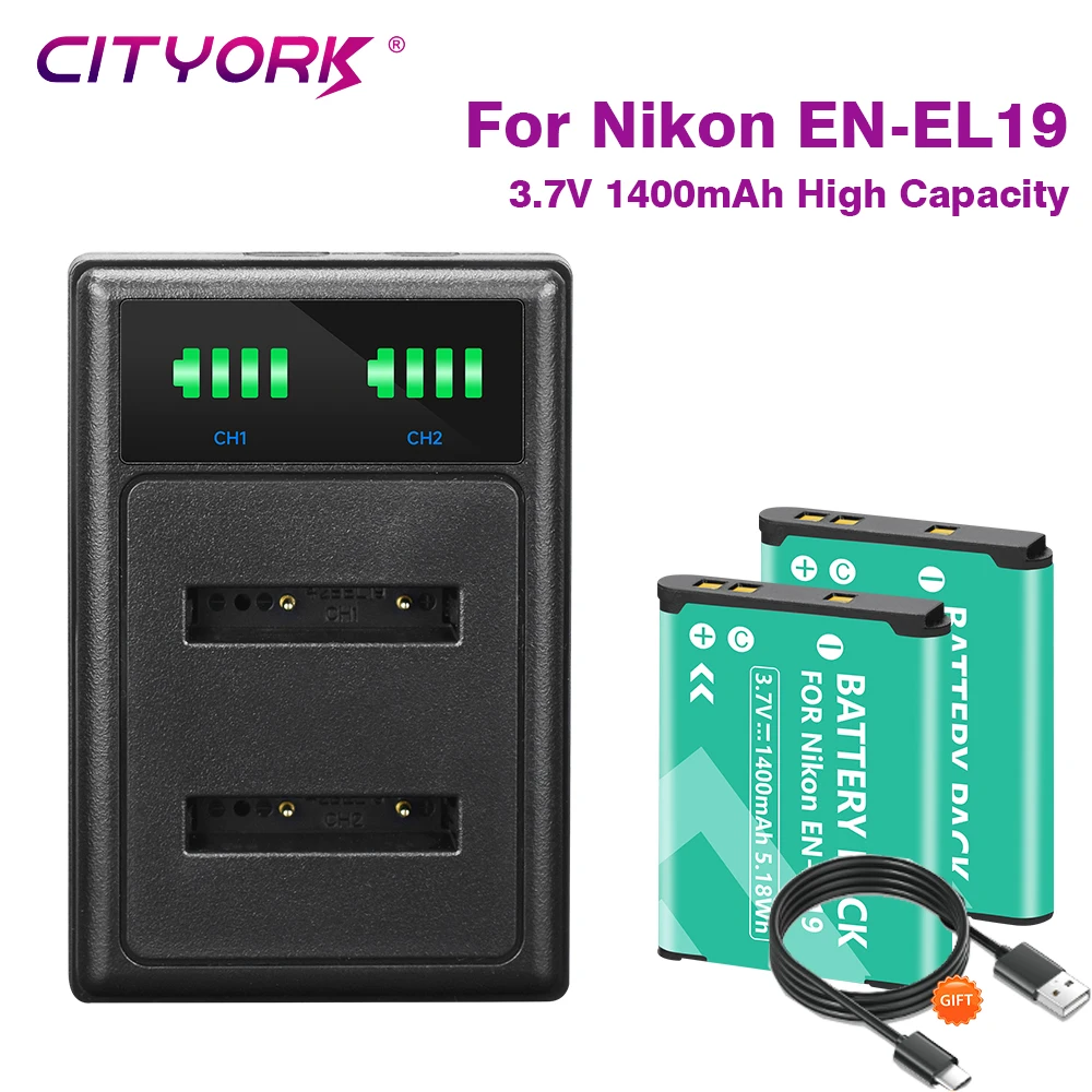 Image of EN EL19 EN-EL19 Akku für Nikon Coolpix S32 S33 S100 S2500 S2750 S3100 S3200 W100 W150 S4100 + USB-Schnellladegerät EL19 1400mAh