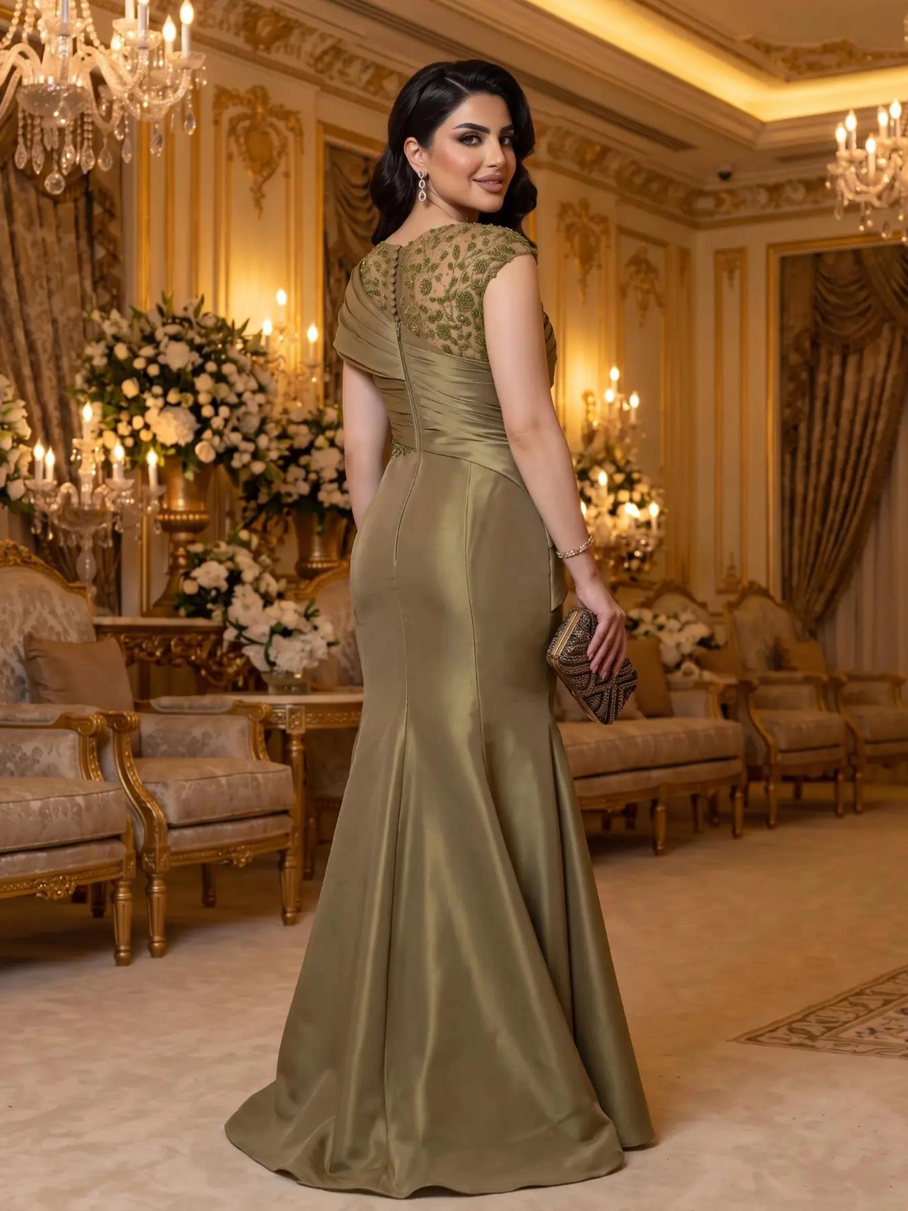 Dubai Olive Green Mermaid Evening Dresses Satin Pleated One Shoulder Beaded Lace Applique Formal Party Gown For Women Customized view 2