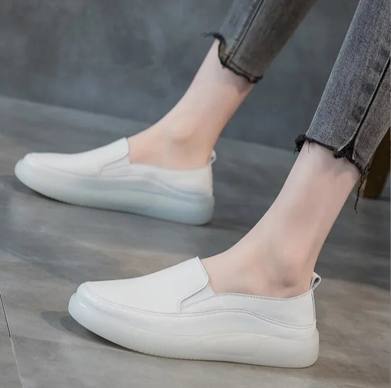 2025 Women Genuine leather Jogging Shoes Cow Leather Soft Sole Slip-on Flat Loafers Ladies Sneakers Breathable Walking Trainers