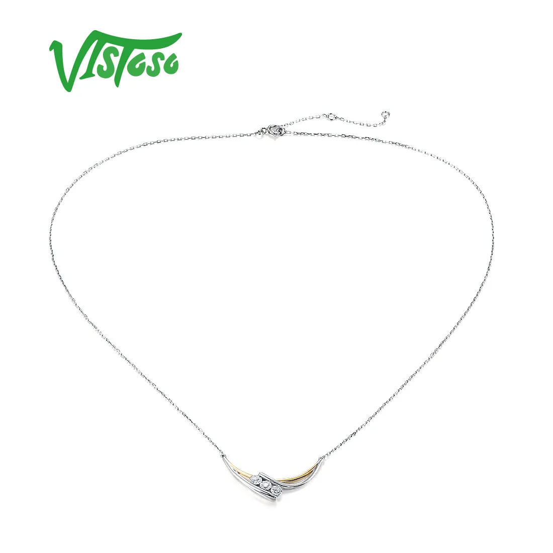 VISTOSO Pure 9K 375 White Yellow Gold Necklace For Women Sparkling White Cubic Zirconia Elegant Wedding Anniversary Fine Jewelry