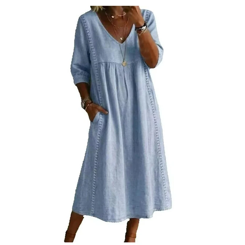 Sommerliches Freizeitkleid mit V-Ausschnitt und 3/4-Ärmeln für Strand und Urlaub, Damenmode mit Taschen, Einfarbiges A-Linien-Kleid, Langes Loses Boho-Kleid