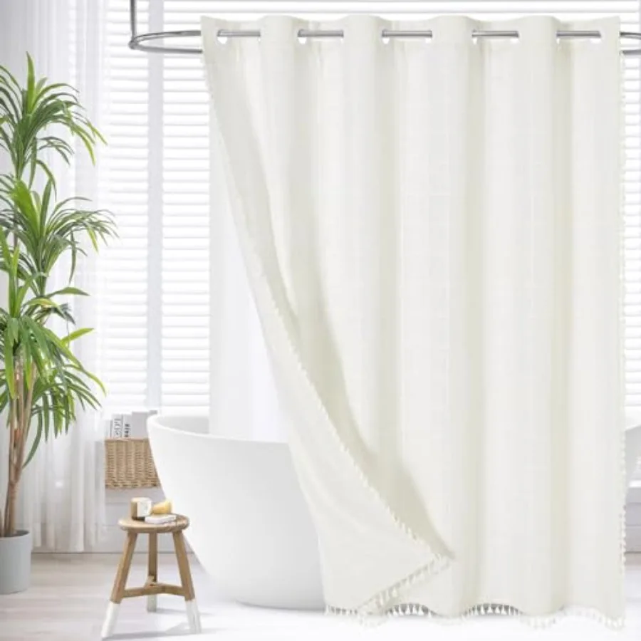 

No Hooks Needed Boho Farmhouse Shower Curtain with Snap-in Liner Cotton Linen Fabric Shower Curtains with Tassels for Rustic Ne