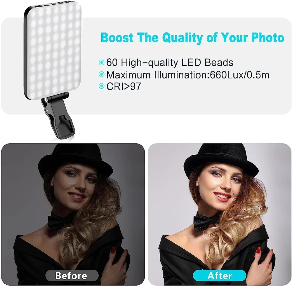 New Selfie Light, 60 LED 2200mAh Rechargeable Cell Phone Fill Light 7 Modes, 10-Level Brightness, Portable Clip on Light