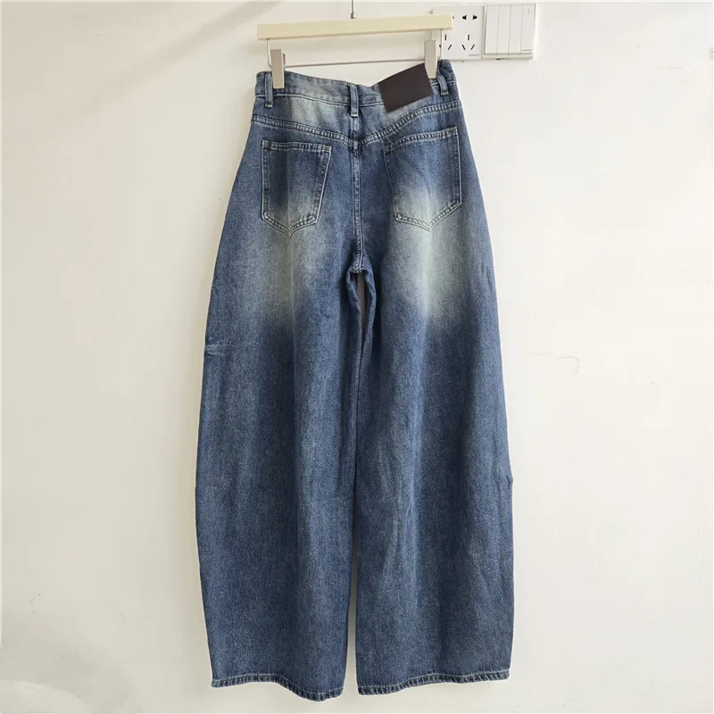 SuperAen American Style High Street Design Asymmetrical Buttoned Casual Denim Pants Retro Distressed Washed Full-length Pants