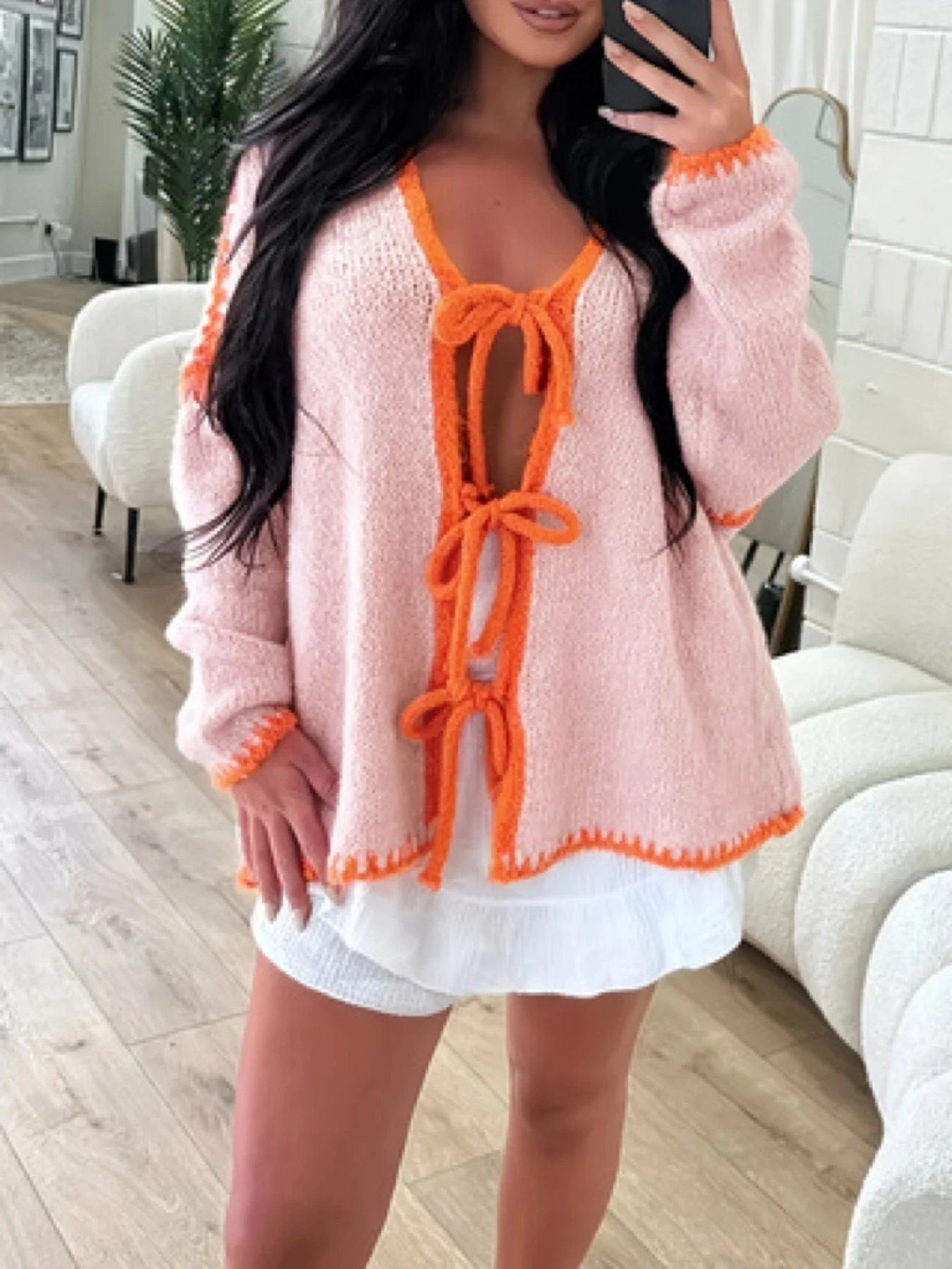 

Осень/зима 2025 г., свободный вязаный кардиган с цветными блоками, куртка-свитер на шнурке