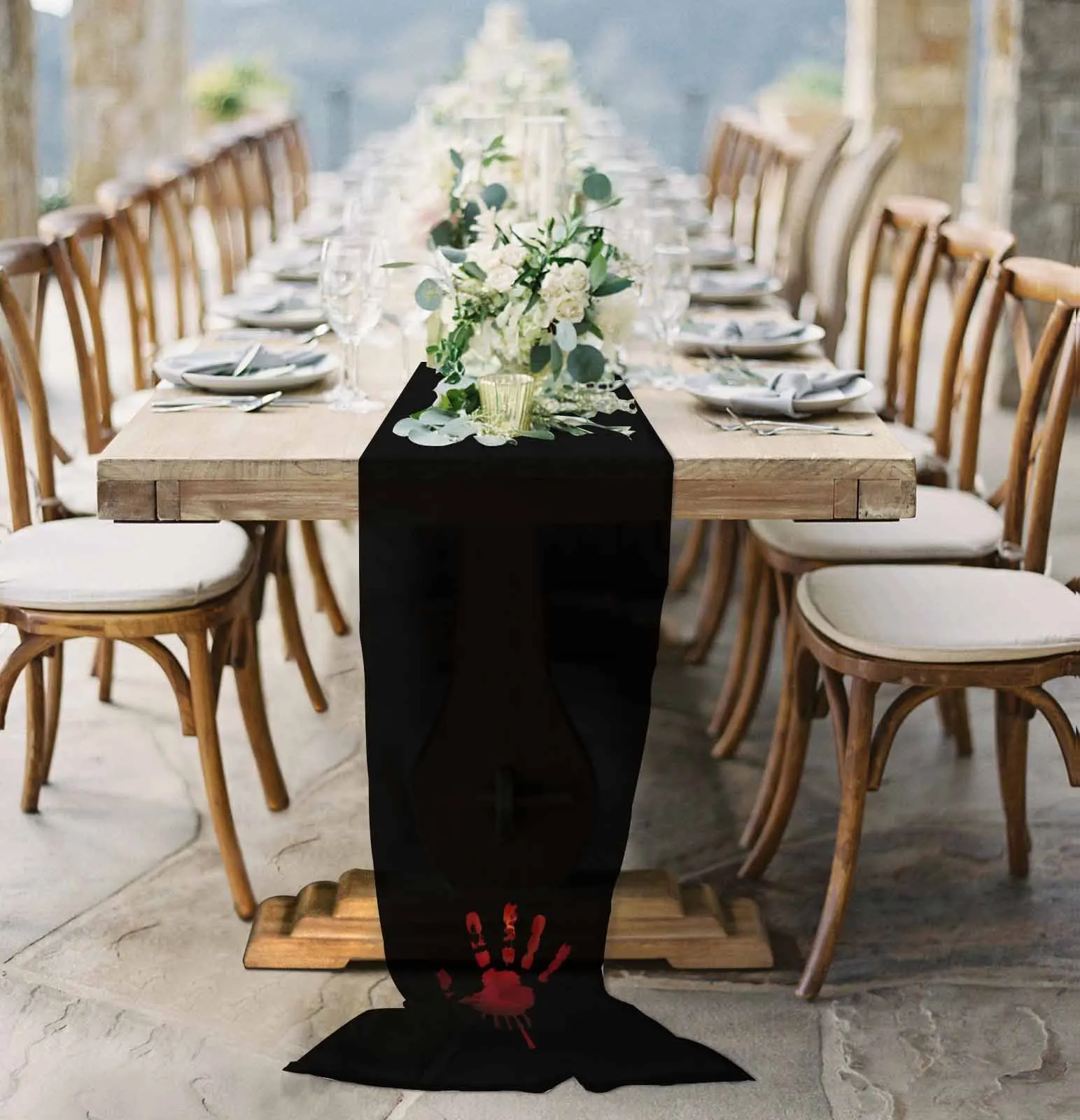 

Halloween Horror Red Hand Bloody Sheer Chiffon Table Runner Wedding Party Birthday Tulle Voile Tablecloth