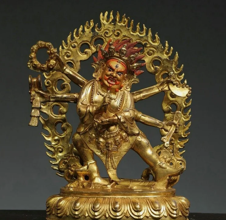 11'' Old Nepal Buddhism Copper Gilt Paint Mahakala Wrathful Deity Buddha Statue