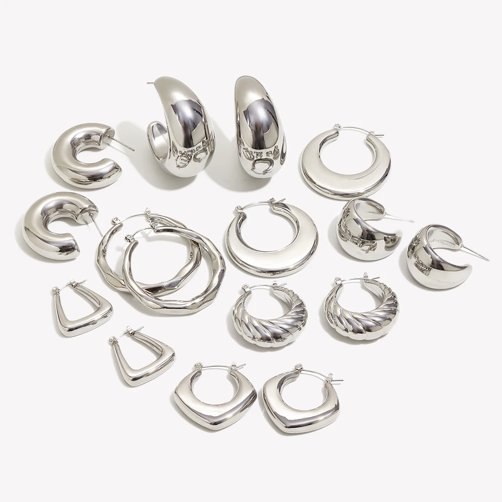E.B.belle Silver Color Hollow Geometric Round Trapezoid Hoop Earrings For Woman Waterproof Stainless Steel Earrings For Daily