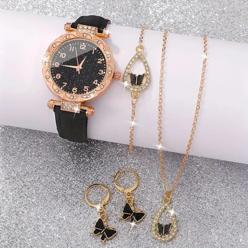 Women Pink Leather Watch 5Pcs Jewelry Set Starry Dial Quartz Wristwatch Butterfly Rhinestone Necklace Bracelet Earrings