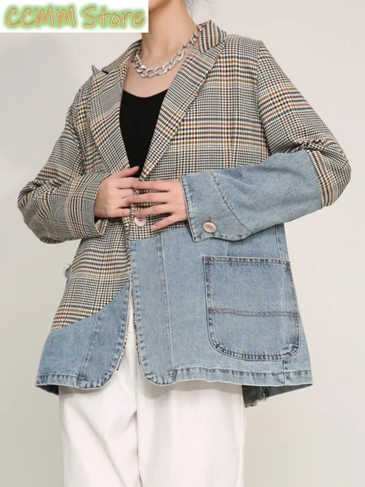 Women Blue Plaid Denim Big Size Blazer New Lapel Long Sleeve Loose Fit  Jacket Fashion Tide Spring Autumn