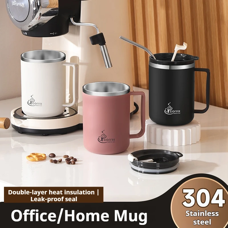 Caneca de café de leite de dupla camada 430ml, caneca de café térmica de aço inoxidável com alça, copo isolado portátil, copos de água selados