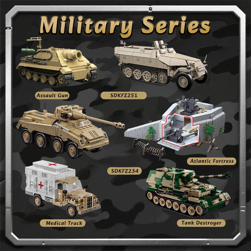 

WW2 Военная война Армия Сцена Серия Строительные блоки Фигурки солдат Бункер Офицер Воин Медицинский грузовик Танк Пехотные кирпичи Игрушка