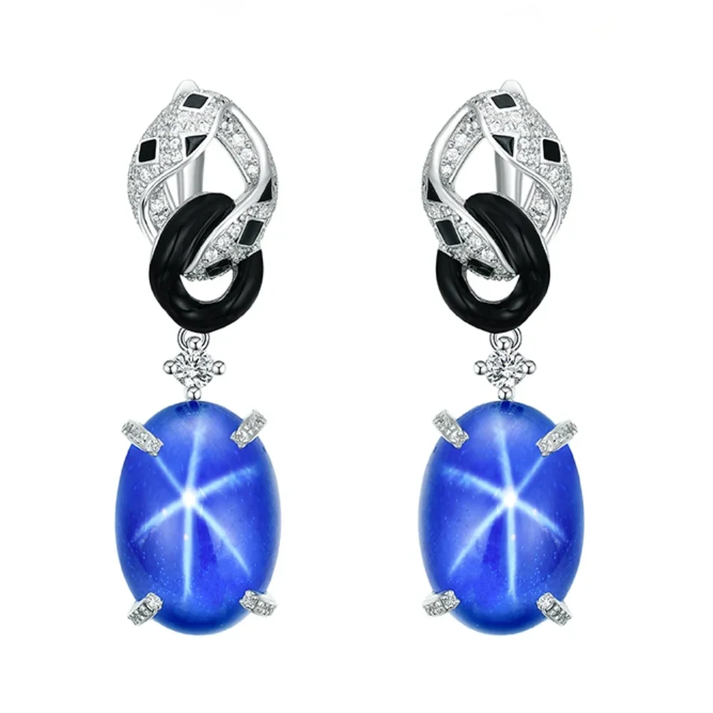 

Серьги BELLUX из серебра 925 пробы с синтетическим цирконом, овальные серьги с сапфиром, черной эмалью и леопардовым узором, гексаграмма, королевские синие серьги