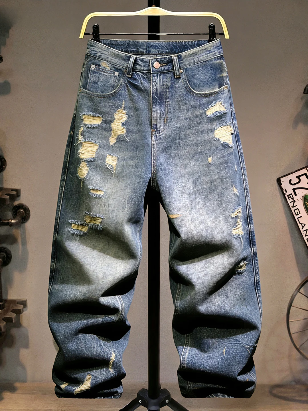

Trendy Men's Ripped Jeans American Casual Loose Straight Leg Long Pants Cool High Street Brand Jeans Faionable Urban Sle