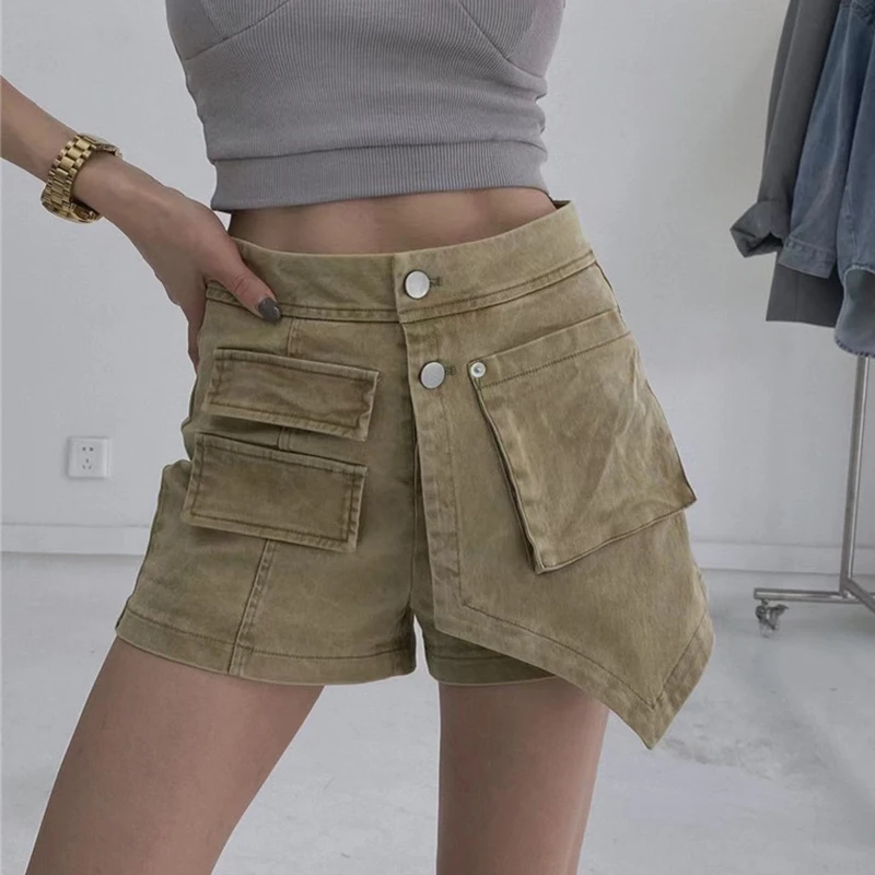 

Irregular Pocket Denim Women Shorts Fashion High Waist Solid Shorts Woman Summer Casual Slim Workwear Short Pants Female 2023