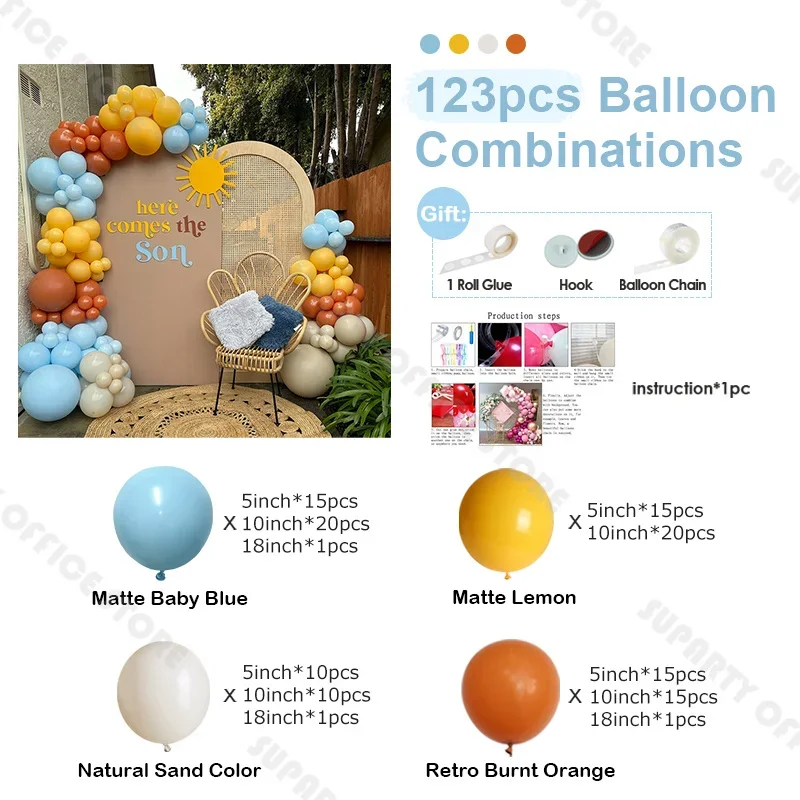 123pcs Boys' Birthday Party Decoration Supplies Matte Colorful Balloons Arch Set Blue and Orange Balloons for Baby Shower