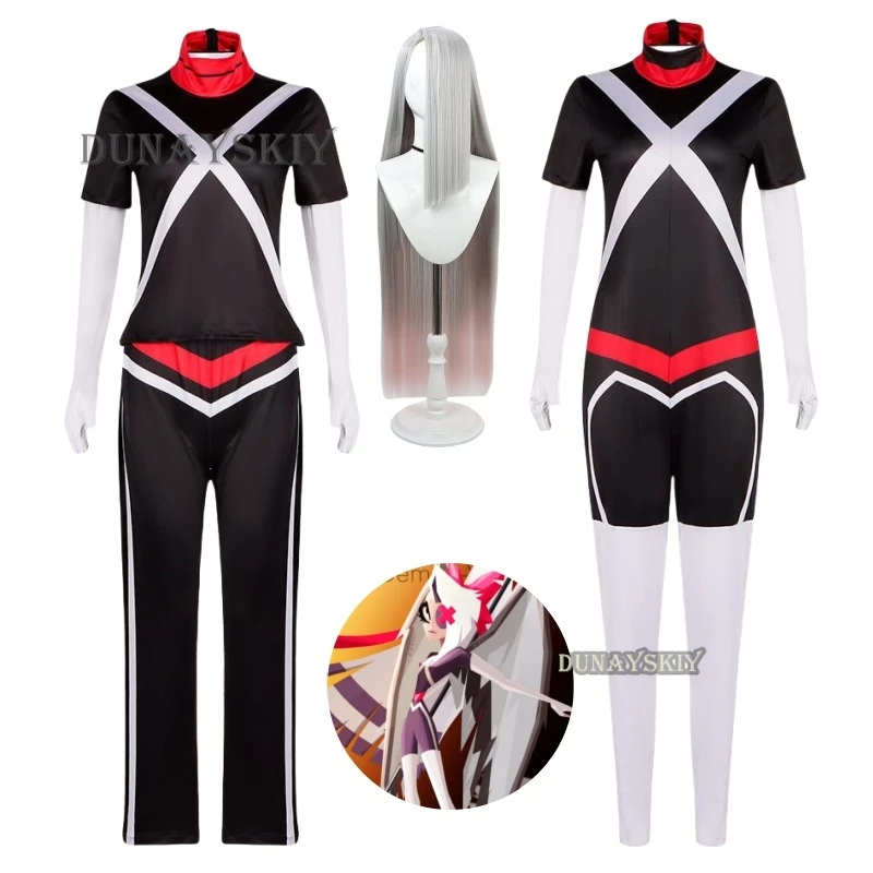 Vaggie Cosplay Costume pour femme, perruques, combinaison imbibée de masque pour les yeux, tenue de fête d'Halloween et de carnaval