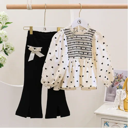 

Girl Suit 2023 New Spring Autumn Korean Fashion Style Sets Baby Girl Polka Dot Doll Shirt Top Bell Bottoms Two Piece Suit