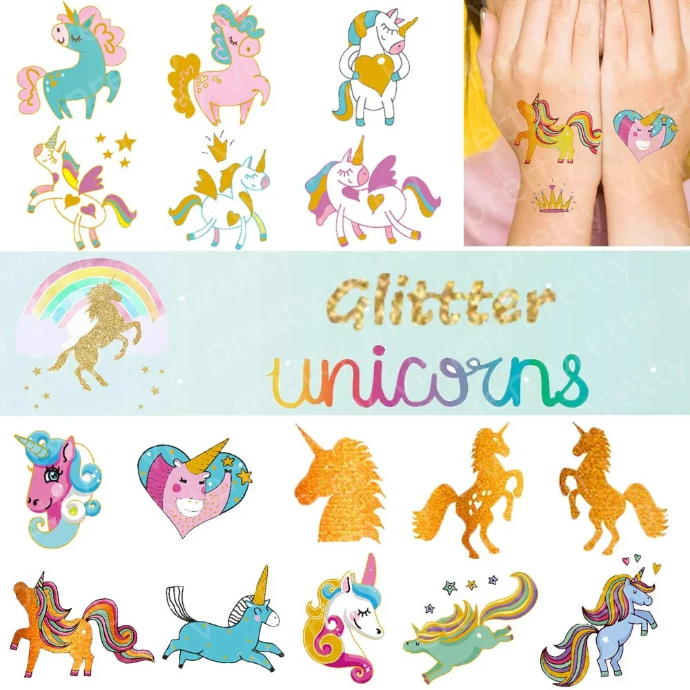 5pcs Gold Unicorn Temporary Tattoo Sticker Cartoon For Kids Face Children Body Fake Tattoo Party Makeup Waterproof Face Stickers