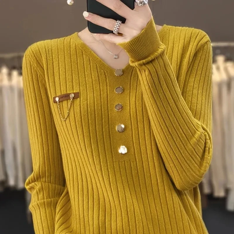 

Autumn Winter New Women Pullover Sweater Female V-neck Five Grain Buckle Loose Fit Knitwear Long Sleeved Knit Pullovers Jumper