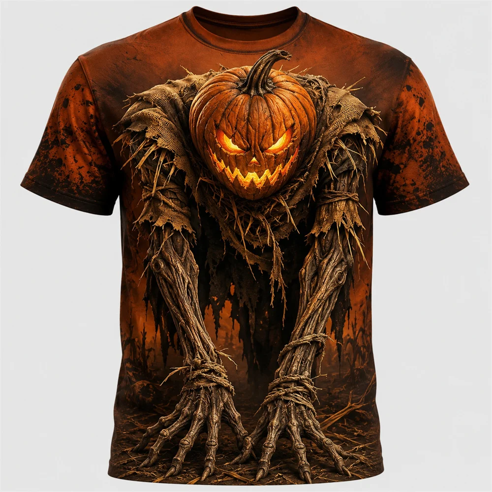 3D Print Horror Pumpkin Scarecrow Design Halloween T-shirt For Men Skull Arm Festival Unique Personality Novel Short T Shirts